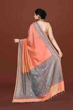 Banarasi woven soft silk saree with dark blue and golden thread weaving with mirror work-Light Peach