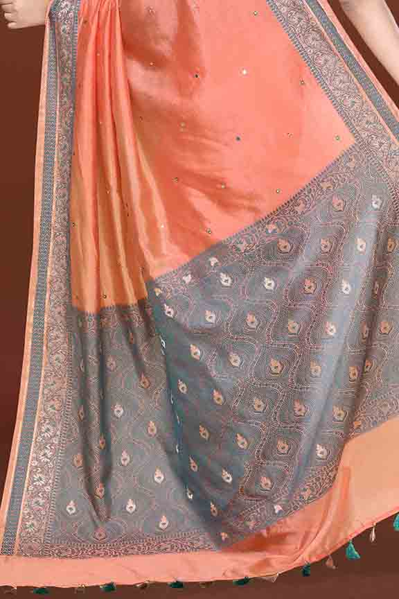 Banarasi woven soft silk saree with dark blue and golden thread weaving with mirror work-Light Peach