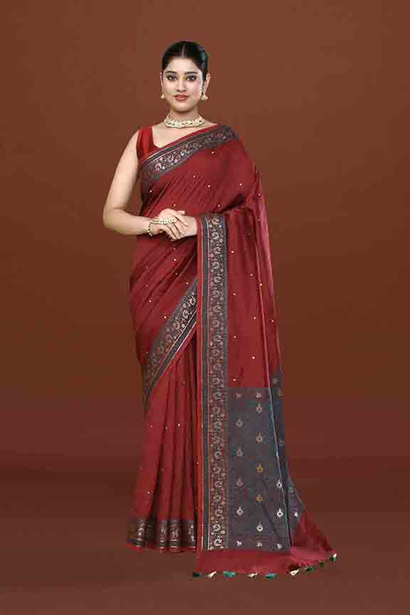 Banarasi woven soft silk saree with dark blue and golden thread weaving with mirror work-Maroon