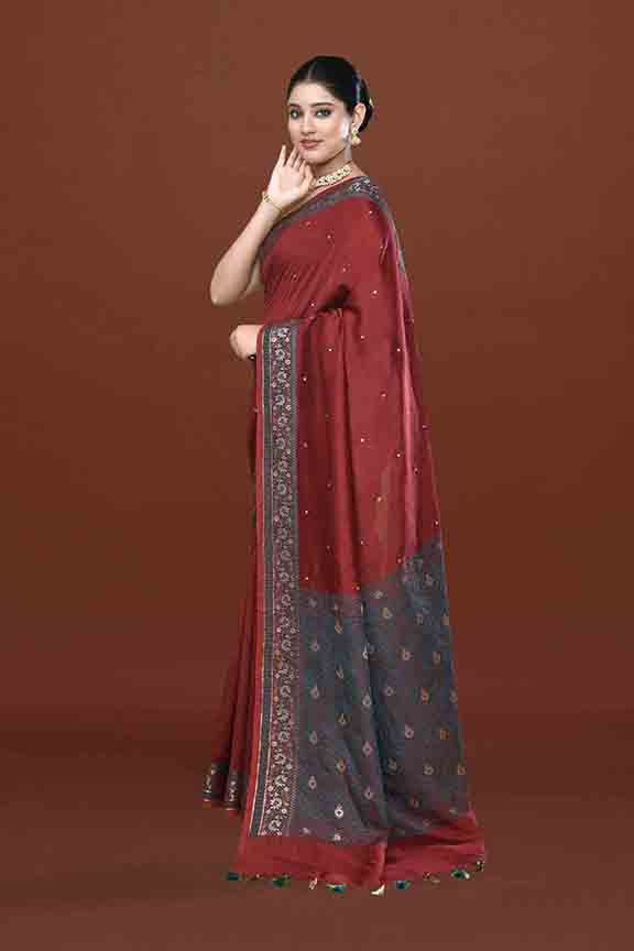 Banarasi woven soft silk saree with dark blue and golden thread weaving with mirror work-Maroon