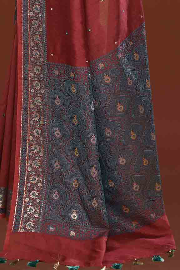 Banarasi woven soft silk saree with dark blue and golden thread weaving with mirror work-Maroon