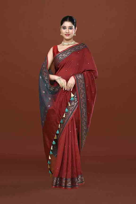 Banarasi woven soft silk saree with dark blue and golden thread weaving with mirror work-Maroon