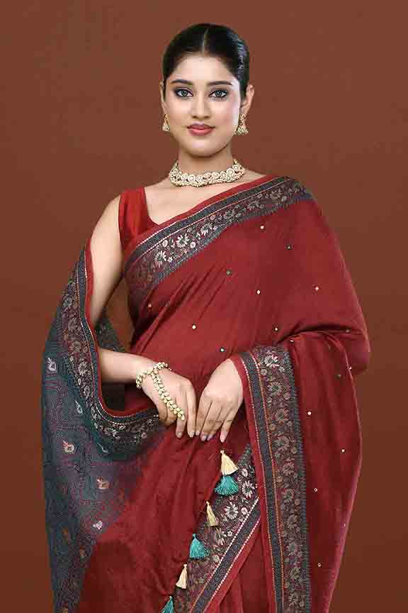 Banarasi woven soft silk saree with dark blue and golden thread weaving with mirror work-Maroon