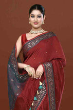 Banarasi woven soft silk saree with dark blue and golden thread weaving with mirror work-Maroon