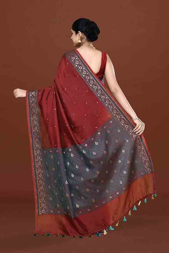 Banarasi woven soft silk saree with dark blue and golden thread weaving with mirror work-Maroon