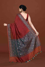 Banarasi woven soft silk saree with dark blue and golden thread weaving with mirror work-Maroon