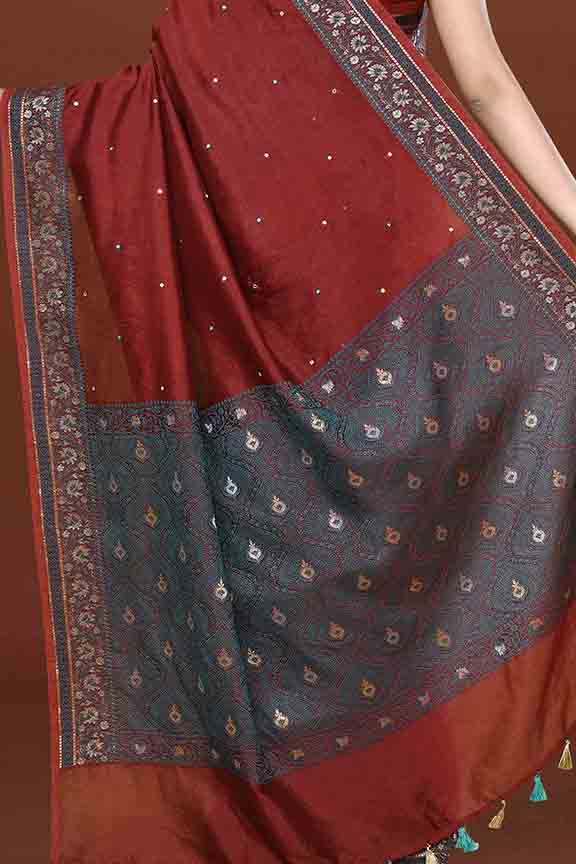 Banarasi woven soft silk saree with dark blue and golden thread weaving with mirror work-Maroon