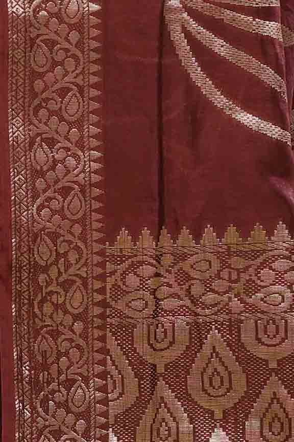 Banarasi woven soft silk saree with floral pattern motifs in gold zari - Brown