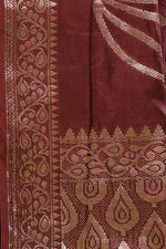 Banarasi woven soft silk saree with floral pattern motifs in gold zari - Brown
