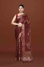 Banarasi woven soft silk saree with floral pattern motifs in gold zari - Brown