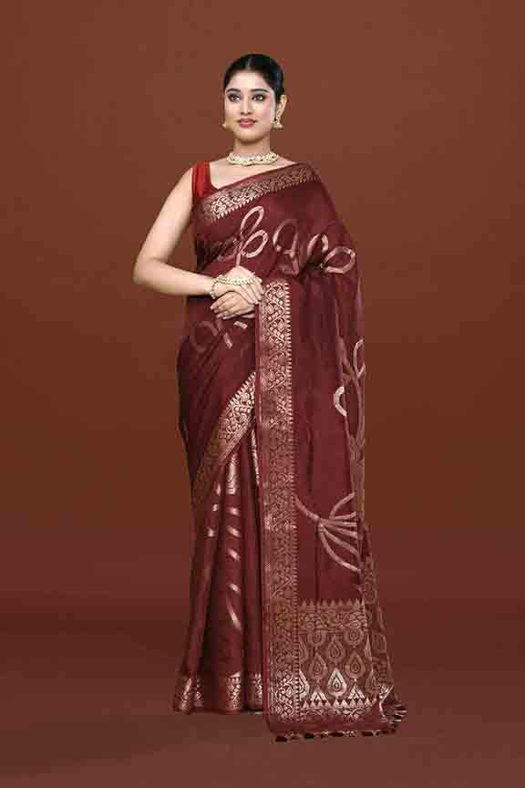Banarasi woven soft silk saree with floral pattern motifs in gold zari - Brown