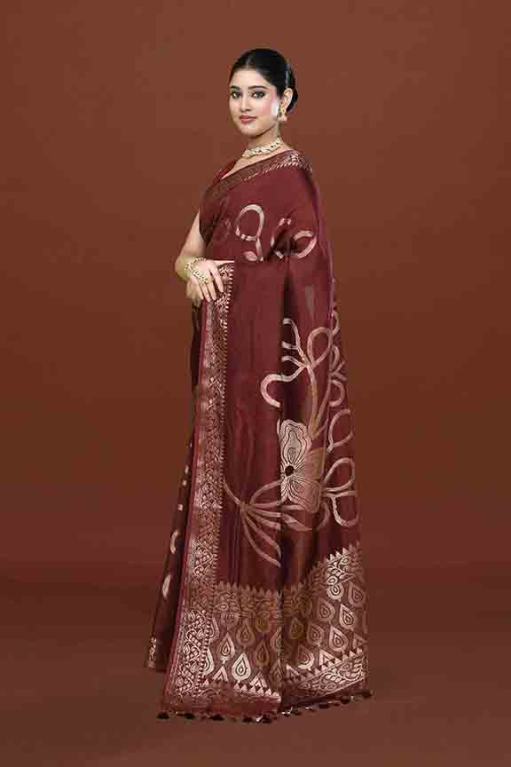 Banarasi woven soft silk saree with floral pattern motifs in gold zari - Brown