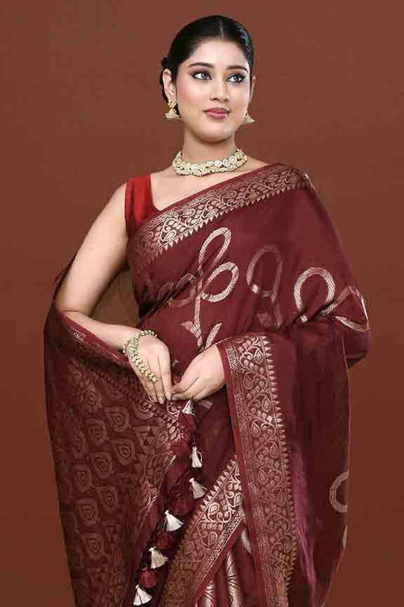 Banarasi woven soft silk saree with floral pattern motifs in gold zari - Brown