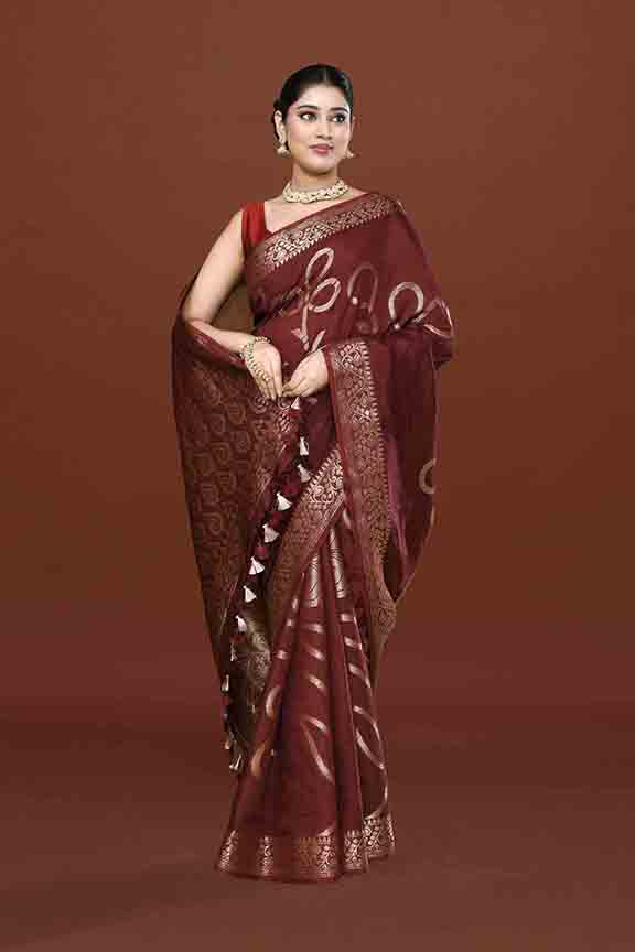 Banarasi woven soft silk saree with floral pattern motifs in gold zari - Brown