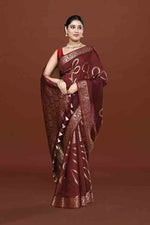 Banarasi woven soft silk saree with floral pattern motifs in gold zari - Brown