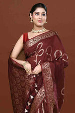 Banarasi woven soft silk saree with floral pattern motifs in gold zari - Brown