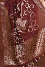 Banarasi woven soft silk saree with floral pattern motifs in gold zari - Brown