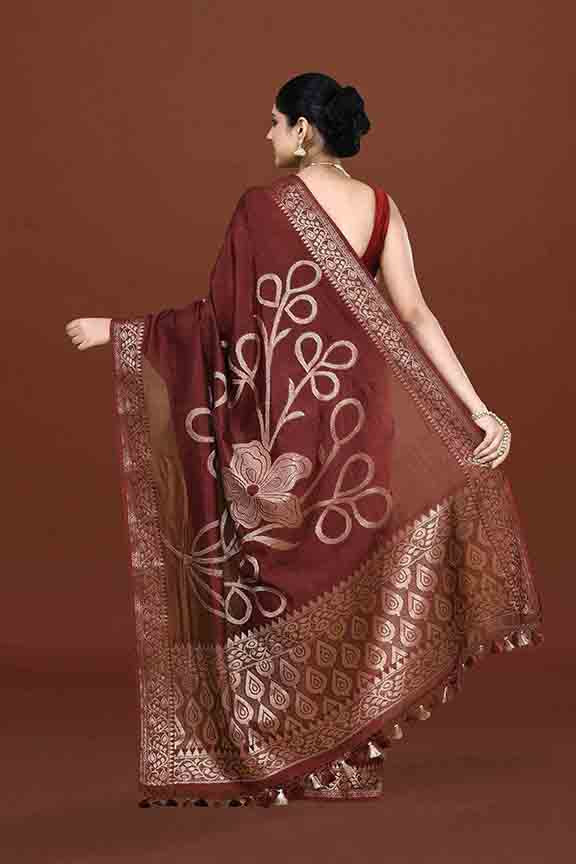 Banarasi woven soft silk saree with floral pattern motifs in gold zari - Brown