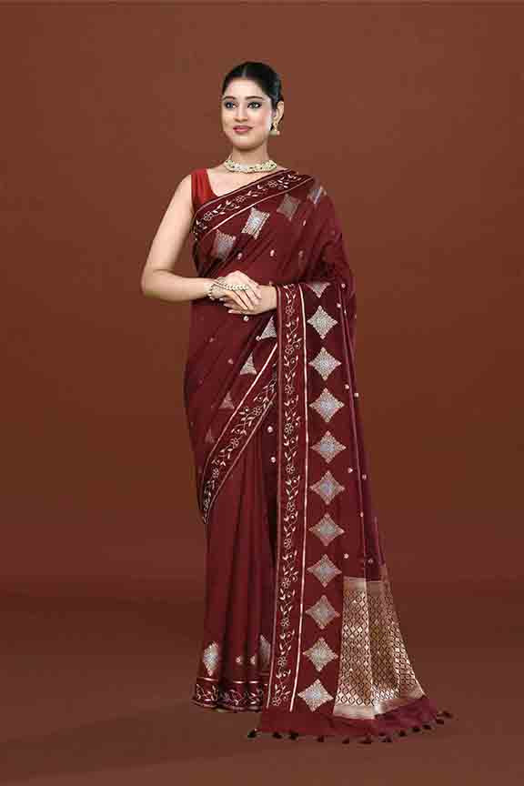Banarasi soft silk saree with gold and silver zari weaving and cutdana embroidery in border- dark coffee