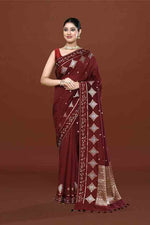 Banarasi soft silk saree with gold and silver zari weaving and cutdana embroidery in border- dark coffee