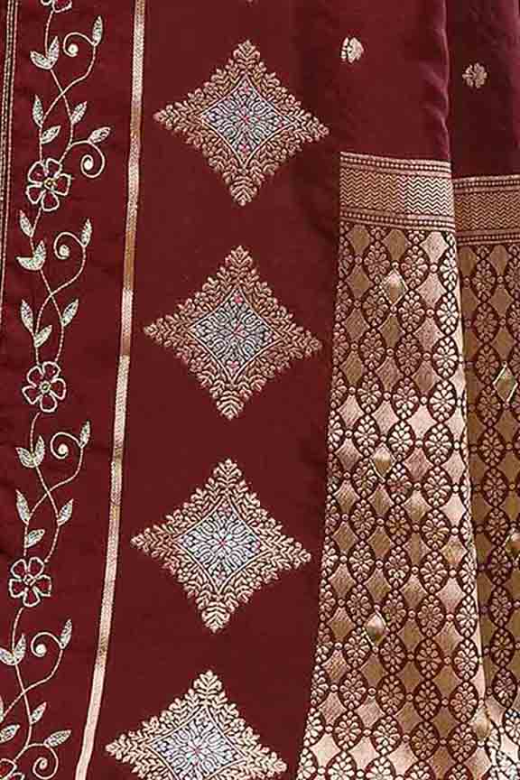 Banarasi soft silk saree with gold and silver zari weaving and cutdana embroidery in border- dark coffee