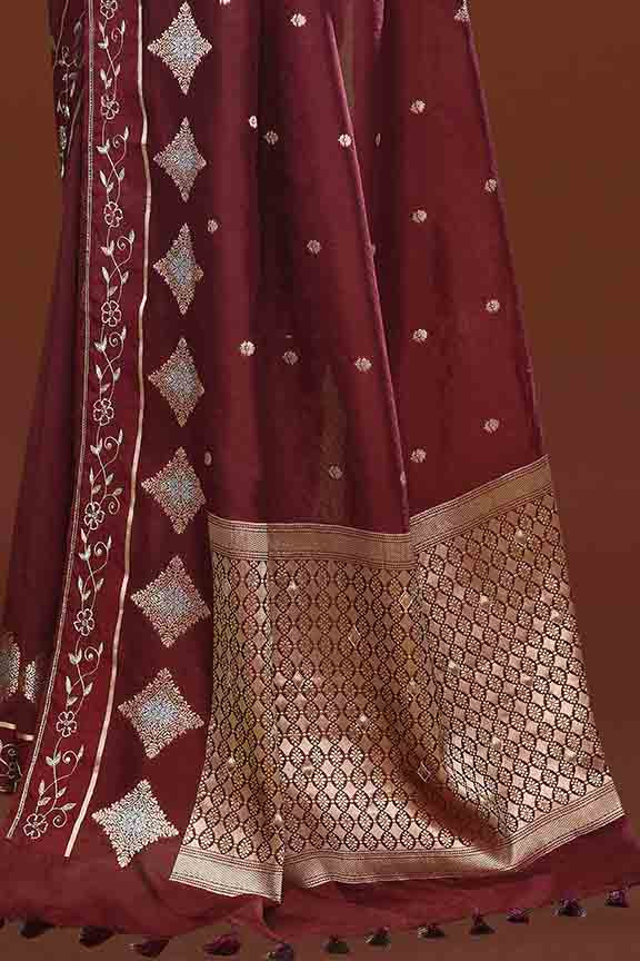 Banarasi soft silk saree with gold and silver zari weaving and cutdana embroidery in border- dark coffee