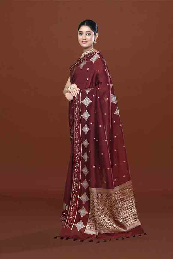 Banarasi soft silk saree with gold and silver zari weaving and cutdana embroidery in border- dark coffee