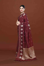 Banarasi soft silk saree with gold and silver zari weaving and cutdana embroidery in border- dark coffee