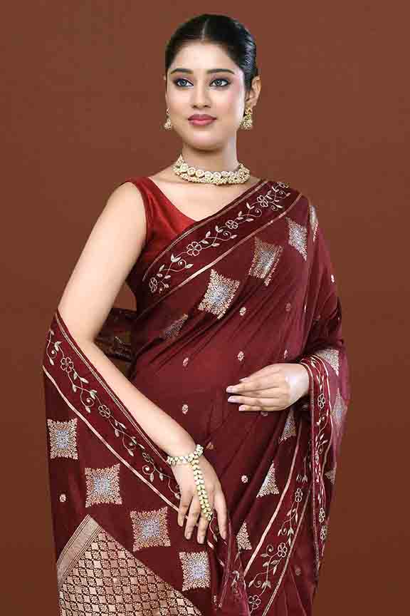 Banarasi soft silk saree with gold and silver zari weaving and cutdana embroidery in border- dark coffee