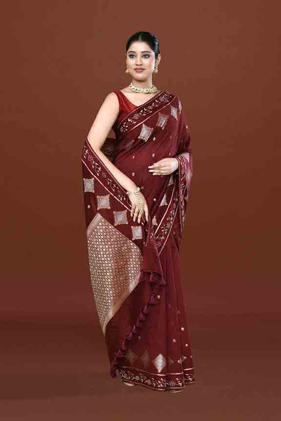 Banarasi soft silk saree with gold and silver zari weaving and cutdana embroidery in border- dark coffee