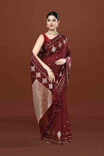 Banarasi soft silk saree with gold and silver zari weaving and cutdana embroidery in border- dark coffee