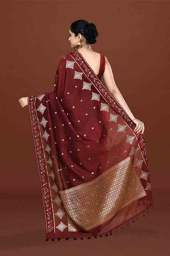 Banarasi soft silk saree with gold and silver zari weaving and cutdana embroidery in border- dark coffee