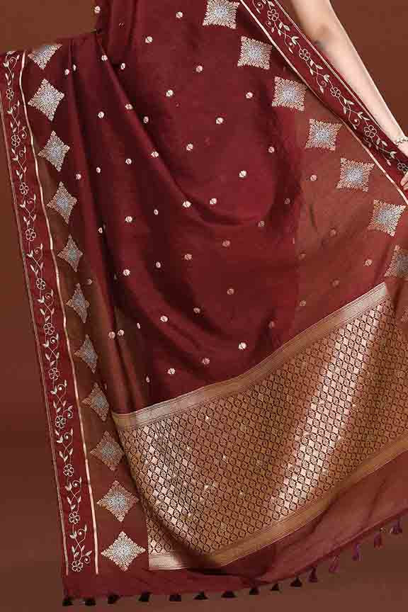 Banarasi soft silk saree with gold and silver zari weaving and cutdana embroidery in border- dark coffee
