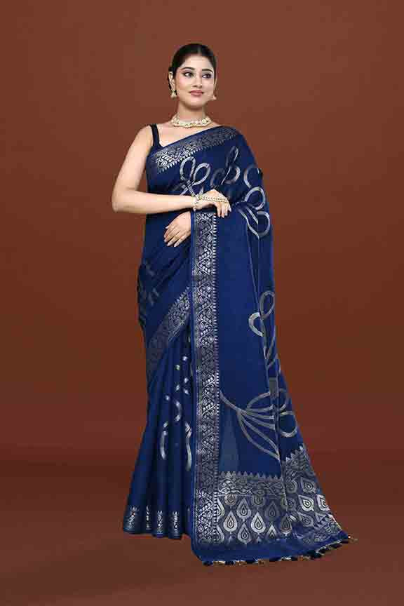 Banarasi soft silk saree with floral golden motifs weaving- Navy blue