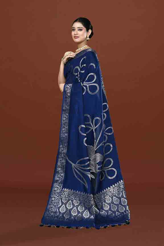 Banarasi soft silk saree with floral golden motifs weaving- Navy blue