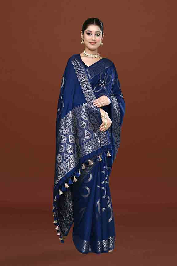 Banarasi soft silk saree with floral golden motifs weaving- Navy blue