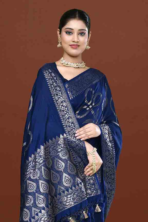 Banarasi soft silk saree with floral golden motifs weaving- Navy blue