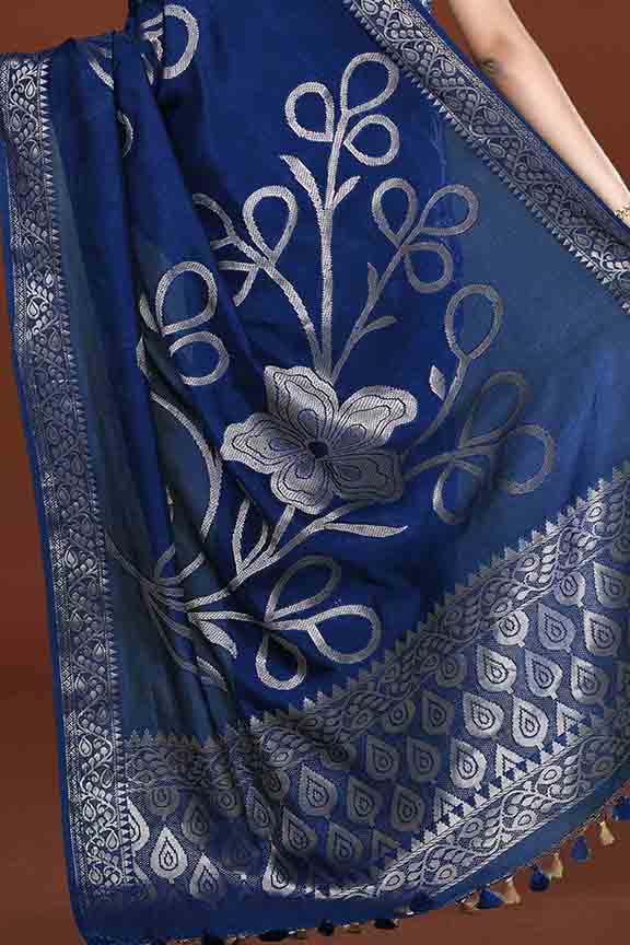 Banarasi soft silk saree with floral golden motifs weaving- Navy blue