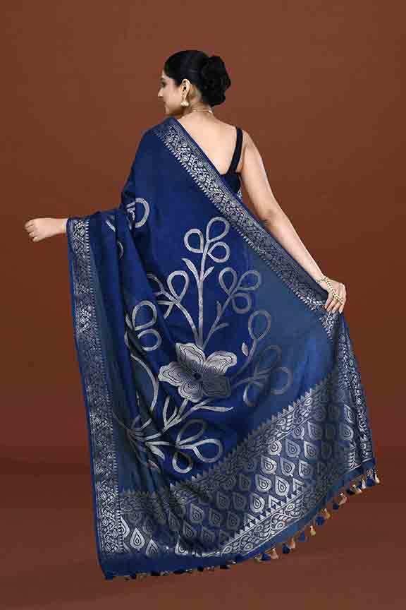 Banarasi soft silk saree with floral golden motifs weaving- Navy blue