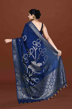 Banarasi soft silk saree with floral golden motifs weaving- Navy blue