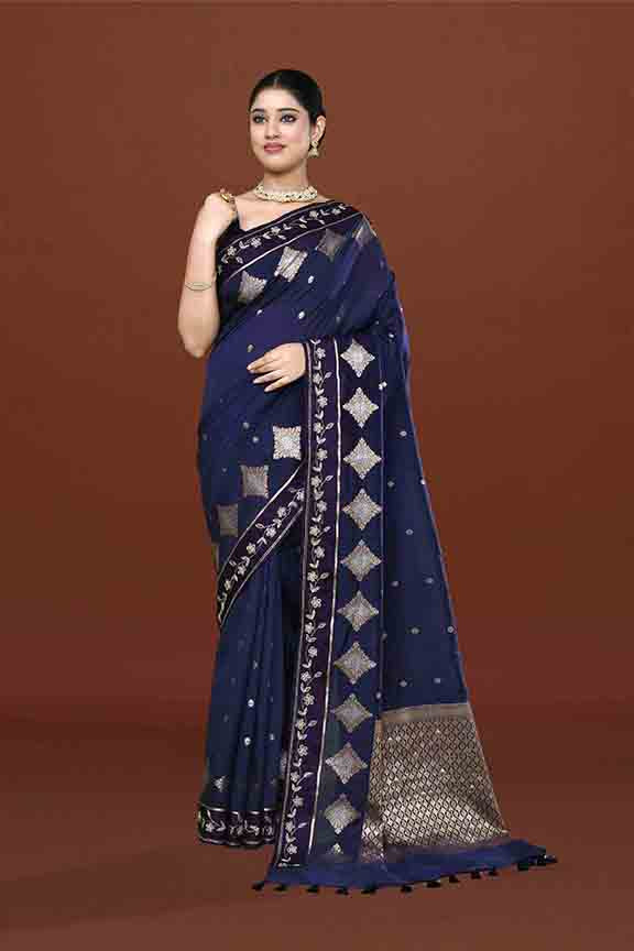 Banarasi soft silk saree with gold and silver zari weaving and cutdana embroidery in border-dark blue