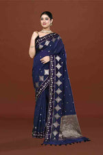 Banarasi soft silk saree with gold and silver zari weaving and cutdana embroidery in border-dark blue