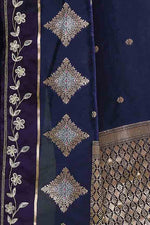 Banarasi soft silk saree with gold and silver zari weaving and cutdana embroidery in border-dark blue