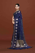 Banarasi soft silk saree with gold and silver zari weaving and cutdana embroidery in border-dark blue