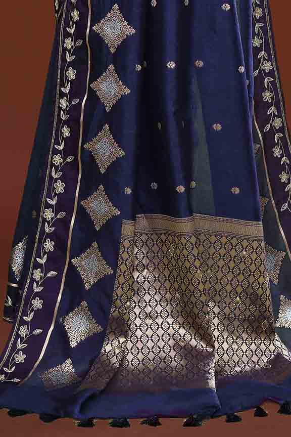 Banarasi soft silk saree with gold and silver zari weaving and cutdana embroidery in border-dark blue
