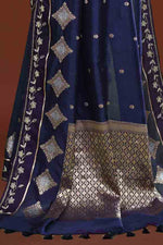 Banarasi soft silk saree with gold and silver zari weaving and cutdana embroidery in border-dark blue