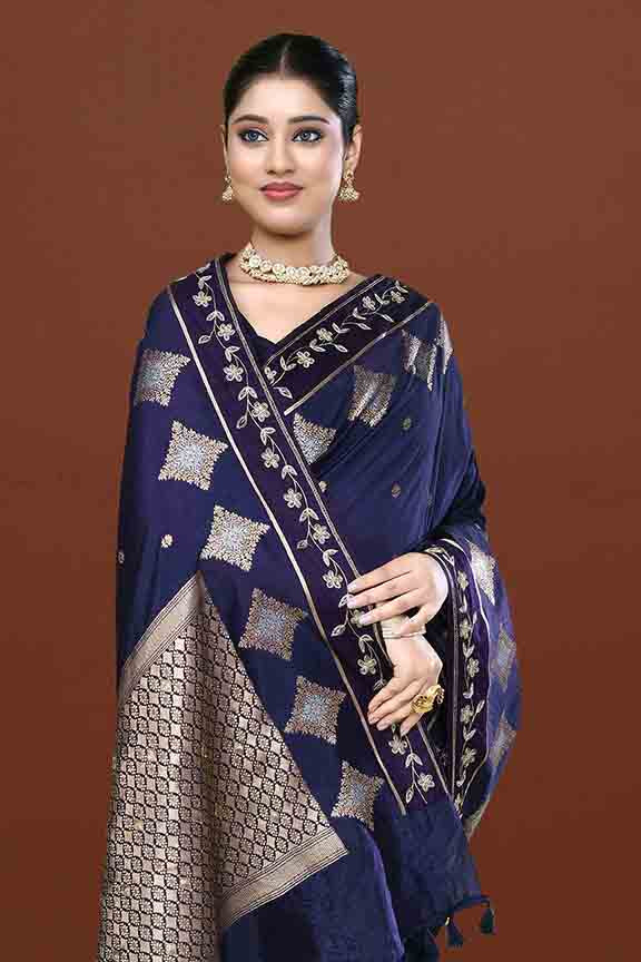 Banarasi soft silk saree with gold and silver zari weaving and cutdana embroidery in border-dark blue