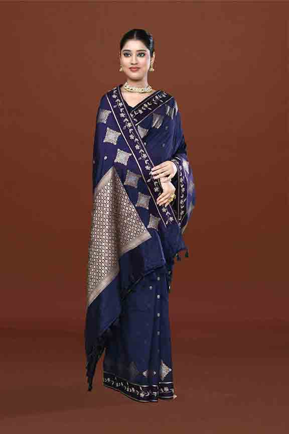 Banarasi soft silk saree with gold and silver zari weaving and cutdana embroidery in border-dark blue