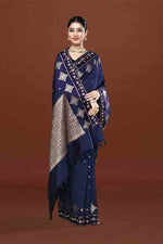 Banarasi soft silk saree with gold and silver zari weaving and cutdana embroidery in border-dark blue
