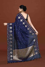 Banarasi soft silk saree with gold and silver zari weaving and cutdana embroidery in border-dark blue
